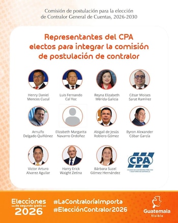 Póster con once retratos (uno genérico), nombres, texto sobre la comisión de postulación de Contralor General 2026-2030, logos CPA y Guatemala