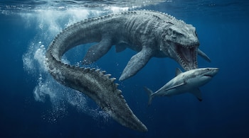 Un gran reptil marino de piel escamosa y boca abierta nada hacia un tiburón bajo el agua rodeado de burbujas.