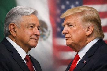 Rostros de Andrés Manuel López Obrador y Donald Trump en perfil 3/4. López Obrador a la izquierda, Trump a la derecha, con banderas de México y EEUU al fondo.