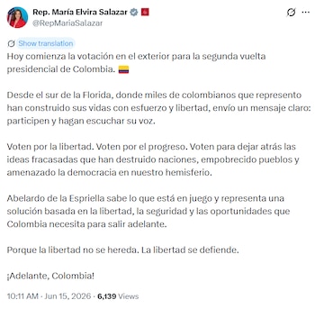 María Elvira Salazar invitó a los colombianos en Estados Unidos a votar - crédito @RepMariaSalazar / X