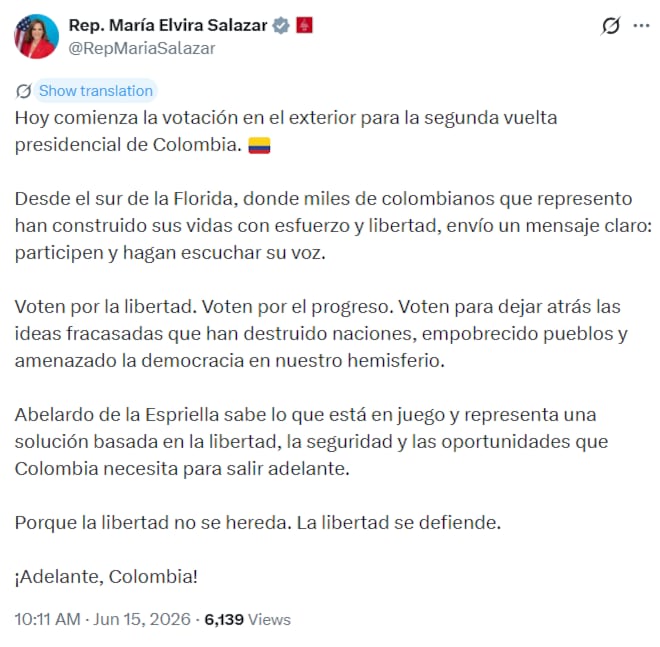 María Elvira Salazar invitó a los colombianos en Estados Unidos a votar - crédito @RepMariaSalazar / X