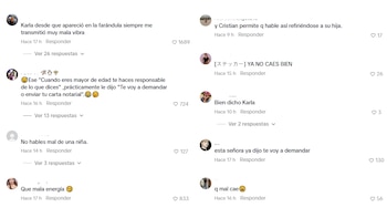 Captura de pantalla con comentarios de usuarios en redes sociales que expresan crítica, rechazo y apoyo a Karla Tarazona, mostrando iconos de me gusta y respuestas