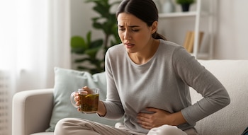 Mujer con cabello oscuro y suéter gris sentada en un sofá blanco, sujetándose el estómago con expresión de dolor, sosteniendo una taza de té.