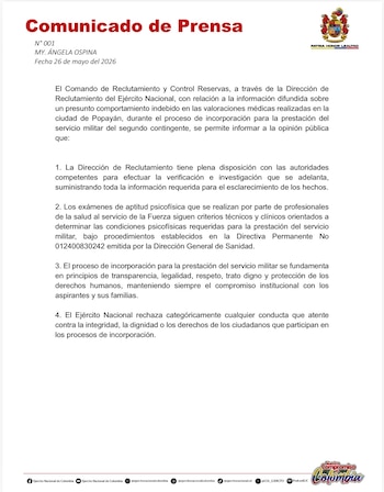 El Ejército rechazó cualquier actuación que atente contra la dignidad y los derechos humanos de las aspirantes a incorporarse al servicio militar - crédito @COL_EJERCITO/X