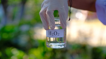 Mano con guante blanco sujeta vaso transparente con líquido. Etiqueta blanca en el vaso con la fórmula H2O2. Fondo borroso de vegetación verde.