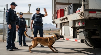 Un perro detector de drogas marrón claro olfatea la parte trasera de un camión blanco. Tres agentes uniformados observan en un puesto fronterizo con montañas al fondo.