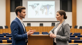 Dos personas de pie en un auditorio discuten frente a un podio, con una pantalla de gráficos detrás.