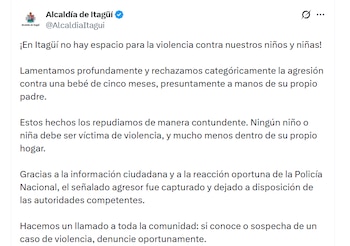 Comunicado oficial por el caso de la menor de edad que presuntamente habría sido golpeada por su padre - crédito @AlcaldiaItagui / X