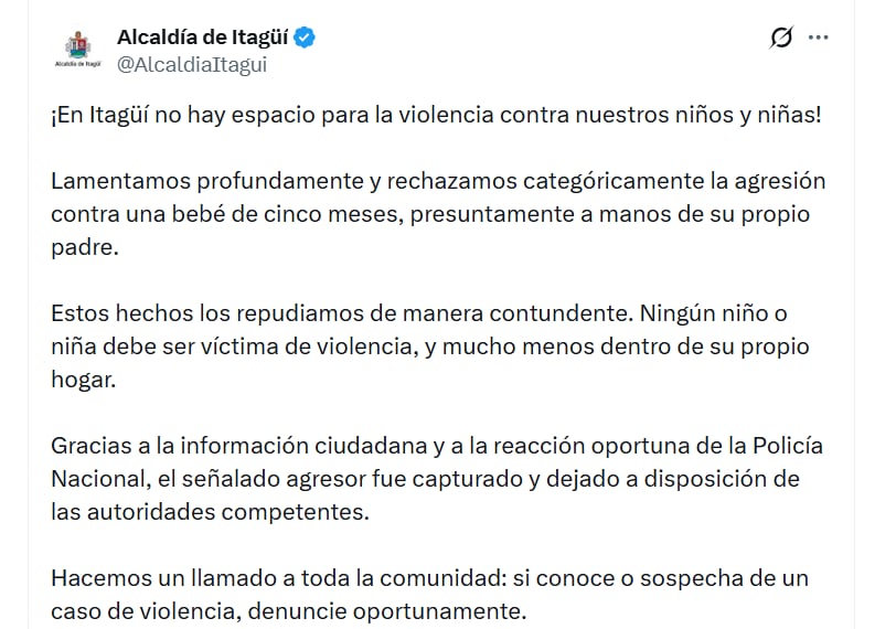 Comunicado oficial por el caso de la menor de edad que presuntamente habría sido golpeada por su padre - crédito @AlcaldiaItagui / X