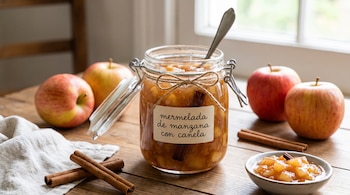 Frasco de vidrio abierto con mermelada de manzana y canela, una cuchara dentro. Alrededor, manzanas, ramas de canela, un cuenco con mermelada y una servilleta.
