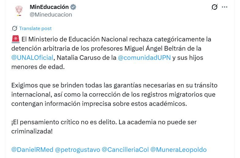 El Ministerio de Educación también aseguró que la retención del profesor es un ataque contra la academia - crédito @Mineducacion/X