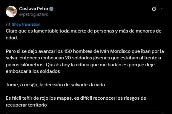 El presidente Gustavo Petro lamenta la muerte de menores durante el bombardeo contra Iván Mordisco en Colombia - crédito @petrogustavo/X