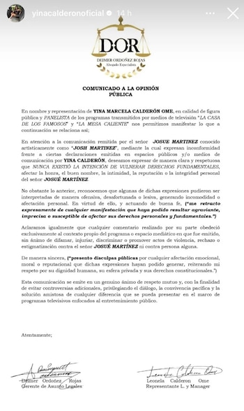 A través de sus redes sociales, Yina Calderón difundió un comunicado firmado por sus representantes legales en el que acató la orden de retractarse de sus comentarios sobre Josh Martínez - crédito @yinacalderonoficial/Instagram