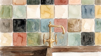 Ilustración en acuarela de un grifo dorado sobre un lavabo blanco. Detrás, una pared de azulejos cuadrados con tonos pastel y negros, y una encimera de madera.