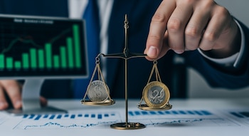 Mano masculina sostiene una balanza con una moneda de dólar y una moneda de peso argentino. Fondo con monitor de computadora y gráficos financieros.