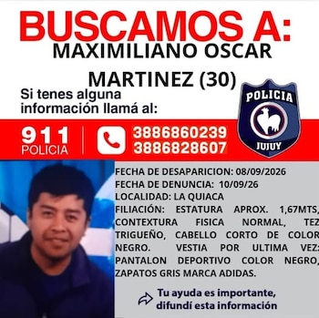 Afiche de búsqueda de la Policía de Jujuy con la foto de Maximiliano Oscar Martínez, datos personales, números de contacto y escudo policial