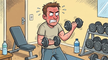 Ilustración de un hombre sudando, con la cara roja, haciendo curl de bíceps con mancuernas en un gimnasio con banco y estante de pesas.