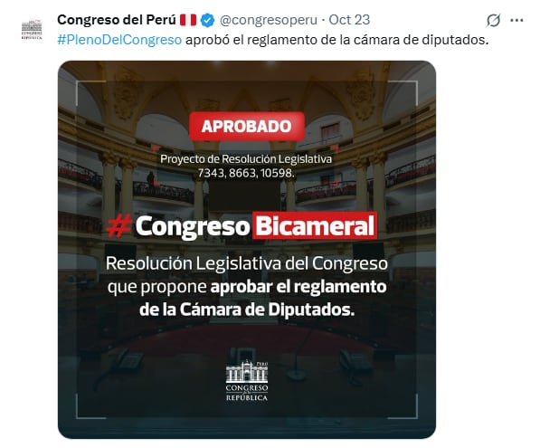 El Pleno del Congreso aprobó la noche del 23 de octubre el reglamento de la cámara de diputados.