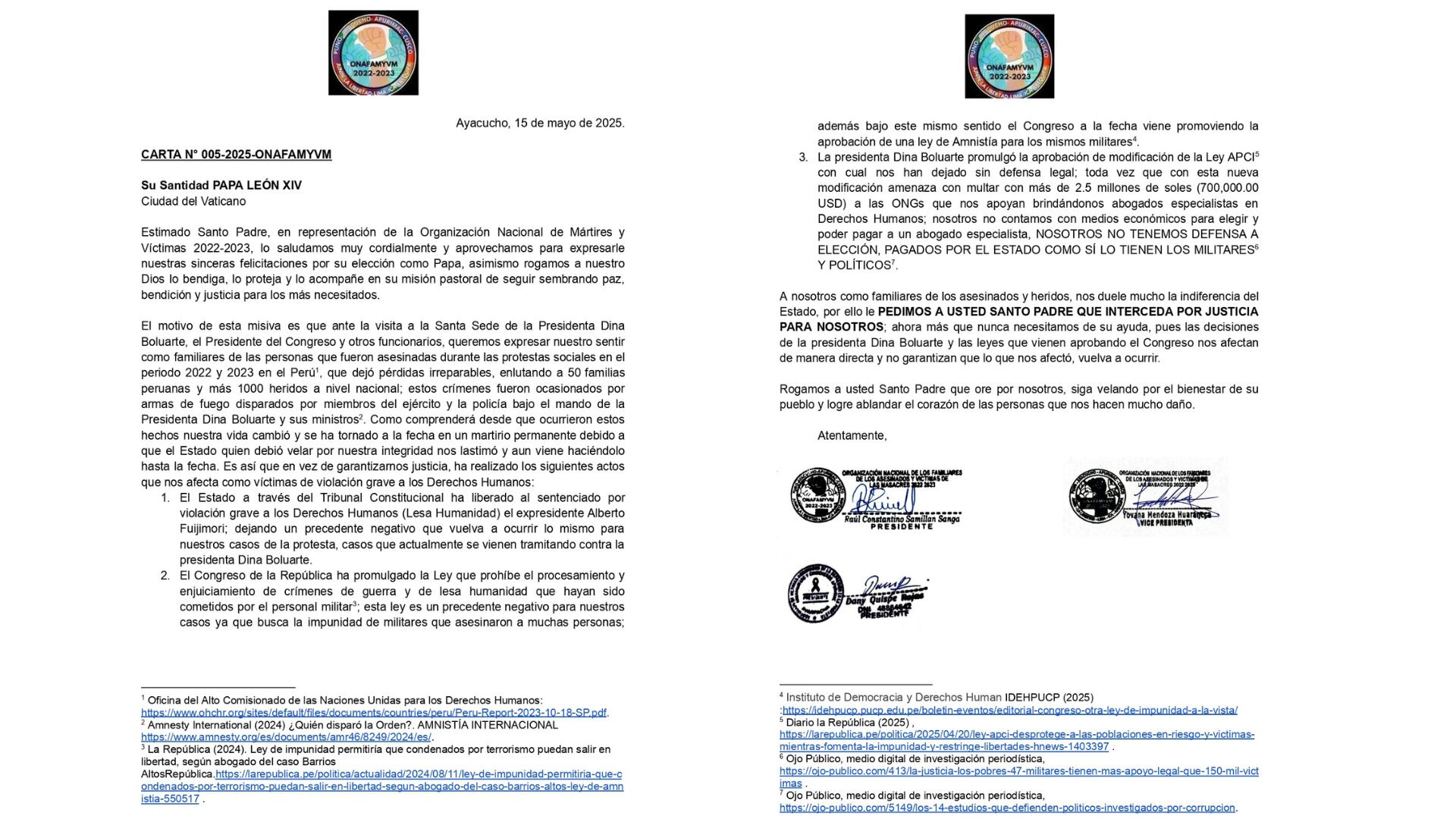 Familiares de las personas asesinadas durante las protestas contra el gobierno de Dina Boluarte envían carta al Papa León XIV