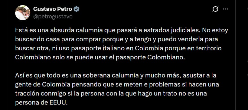 Gustavo Petro calificó las declaraciones de “absurda calumnia” y afirmó que acudirá a la Justicia para emprender acciones legales - crédito @petrogustavo/X