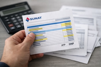 Una mano sostiene un documento con el logo de SUNAT y las siglas AFP, ONP, con una calculadora y otros papeles en un escritorio.