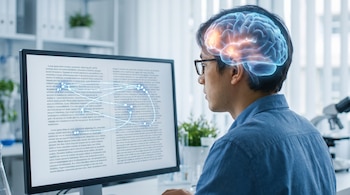 Persona adulta con gafas leyendo en monitor de computadora. Visualización translúcida de un cerebro sobre su cabeza, con áreas iluminadas. Puntos y líneas sobre el texto de la pantalla.