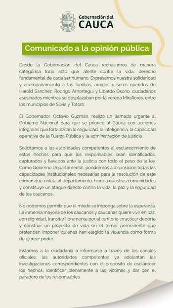 Comunicado oficial de la Gobernación del Cauca sobre la masacre en Silvia - crédito Gobernación del Cauca / X