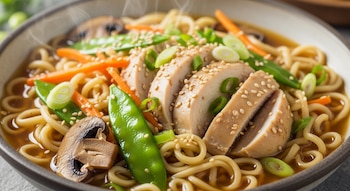 Primer plano de un tazón de fideos con pollo cortado en rebanadas, guisantes, zanahorias, champiñones, espolvoreado con sésamo y cebolla verde picada.