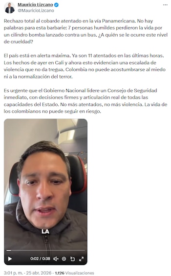 Mauricio Lizcano condenó atentado en la vía Panamericana y advirtió alerta máxima en el país - crédito @MauricioLizcano/X
