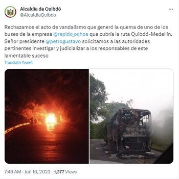 Alcaldía de Quibdó-Bus incinerado vía Itsmina-Medellín-Colombia