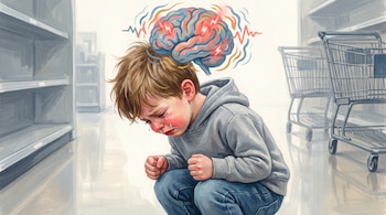 Ilustración de niño pequeño llorando, mejillas rojas, sentado en el suelo de un supermercado. Sobre su cabeza, un cerebro infantil artístico con destellos y ondas.