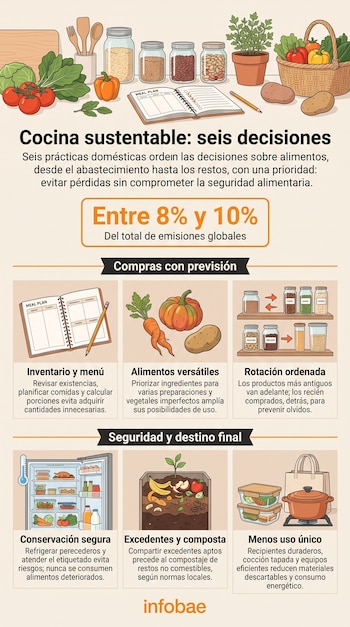 Infografía con ilustraciones de verduras, frascos, un recetario, una heladera organizada y un contenedor de compostaje.