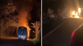Hombres armados incineraron tres vehículos en la vía Medellín - Costa Atlántica: en la zona se halló una bandera del ELN