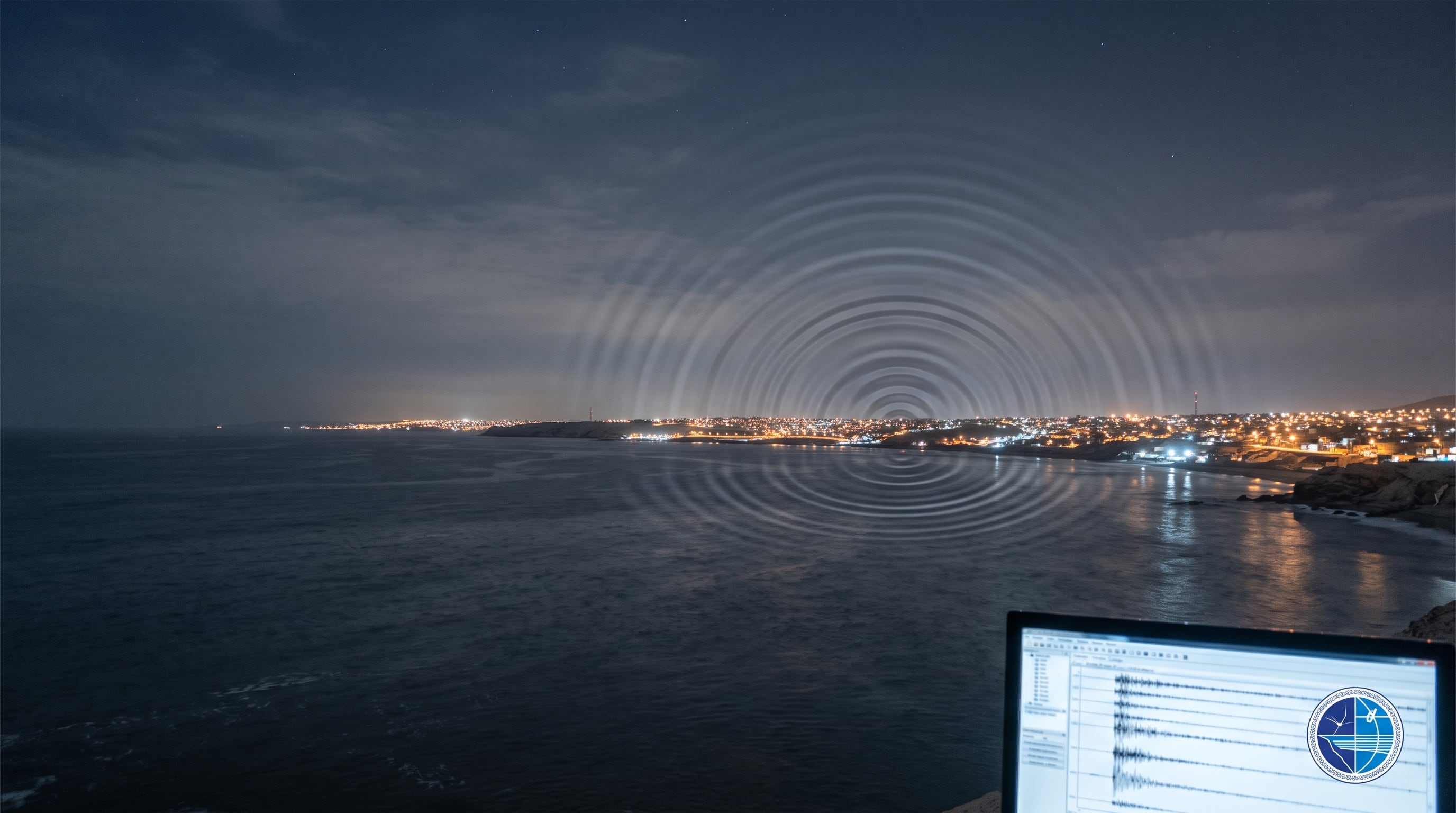 Un gráfico de ondas sobre el mar frente a la costa iluminada de Ilo ilustra la actividad sísmica junto a una pantalla con un sismograma. (Imagen Ilustrativa Infobae)