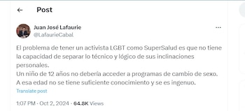 Juan José Lafaurie arremetió en contra del superintendente Luis Carlos Leal - crédito @LafaurieCabal