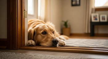 Un perro golden retriever yace sobre una alfombra en el suelo junto a un marco de puerta de madera, mirando hacia la derecha en el interior de una casa.