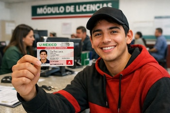 Primer plano de un joven sonriente con gorra negra y sudadera roja y negra, mostrando una licencia de conducir mexicana en un módulo de trámites.