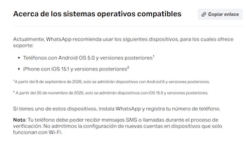 Captura de texto informativo sobre los sistemas operativos Android e iOS compatibles con WhatsApp y sus fechas de actualización