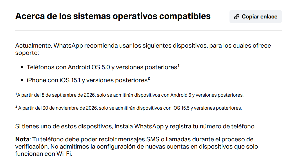 Antes de dejar de ser compatible con un sistema operativo, la aplicación avisará a los usuarios y les pedirá que lo actualicen. (WhatsApp)