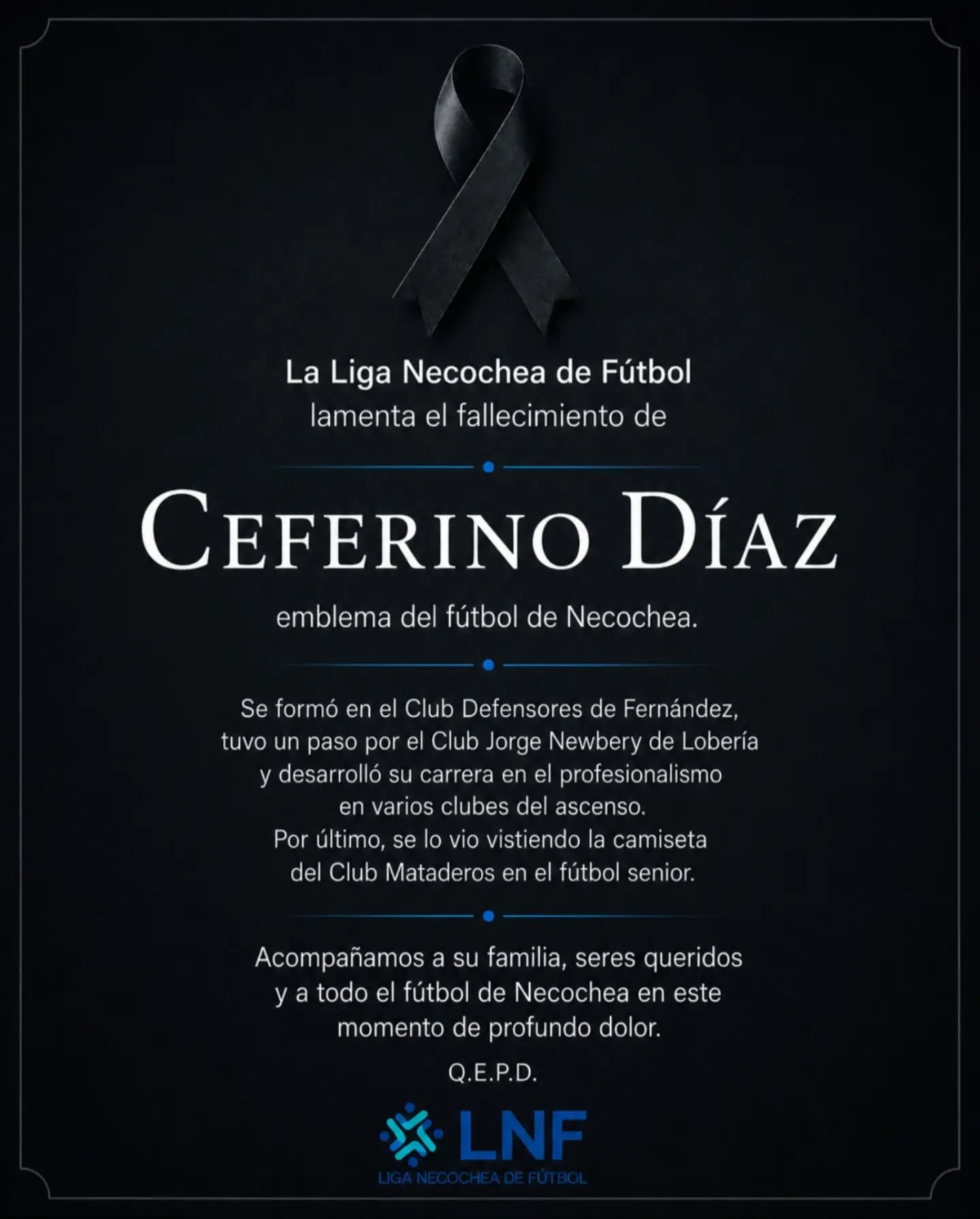 El comunicado de la Liga de Necochea por la muerte de Ceferino Díaz (Créditos: @liganecocheaoficial-Instagram))