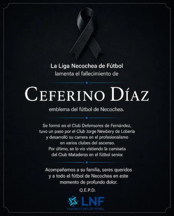 El comunicado de la Liga de Necochea por la muerte de Ceferino Díaz