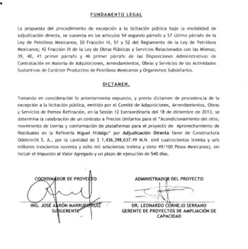 El dictamen de adjudicación directa a Odebrecht en la refinería de Tula. (Foto: Mexicanos Contra la Corrupción y la Impunidad)