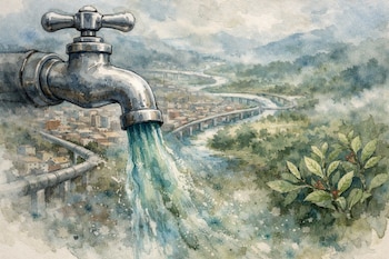 Acuarela de un grifo con agua fluyendo sobre una ciudad, ríos, acueductos y montañas cubiertas de vegetación, incluyendo plantas de coca.