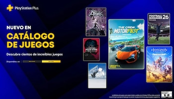 Flyer digital azul oscuro con el logo de PlayStation Plus y texto 'NUEVO EN CATÁLOGO DE JUEGOS' junto a seis portadas de videojuegos