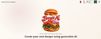 Hamburguesa con pan, carne, queso, lechuga, tomate, cebolla morada y salsas, con el texto Burger AI entre sus mitades y logos de Stanford