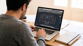 Un hombre de espaldas trabaja en una computadora portátil que exhibe un plano arquitectónico, junto a un cuaderno de bocetos y un vaso de café.
