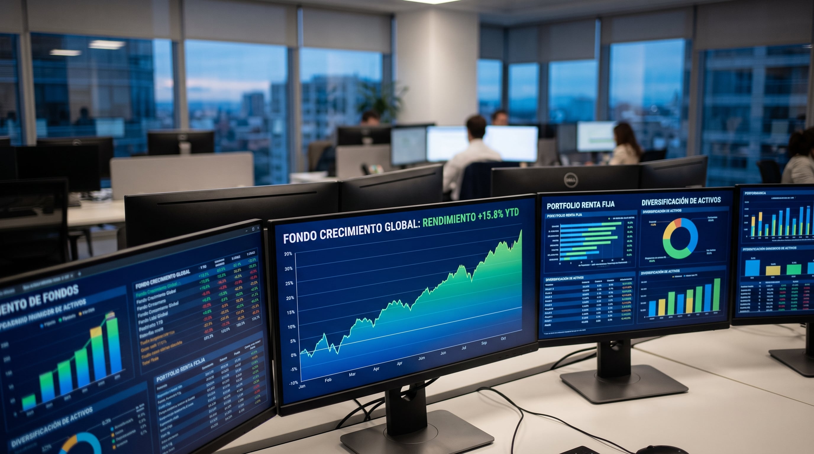 Varios monitores en una oficina de análisis financiero exponen datos de rendimiento y diversificación de activos de fondos de inversión. (Imagen Ilustrativa Infobae)