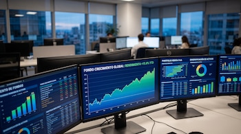 Monitores de computadora en un escritorio muestran gráficos de barras, líneas y sectores sobre rendimiento financiero en una oficina.