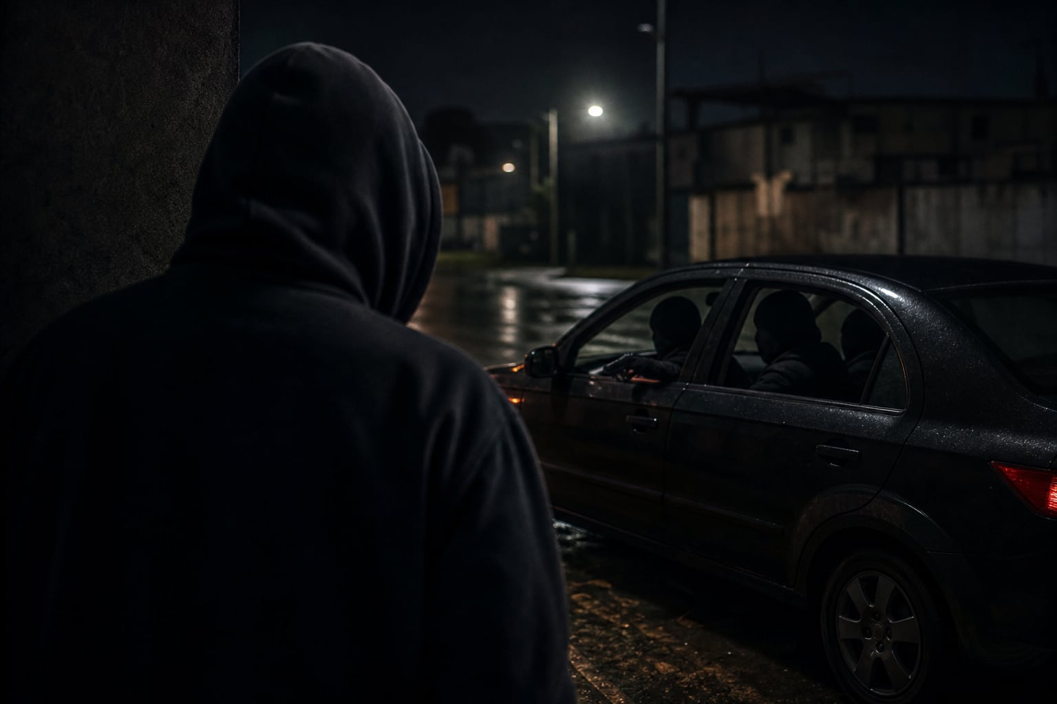 Una persona con capucha observa de noche a los ocupantes de un automóvil, desde donde una mano sostiene un arma de fuego en una calle iluminada. (Imagen Ilustrativa Infobae)