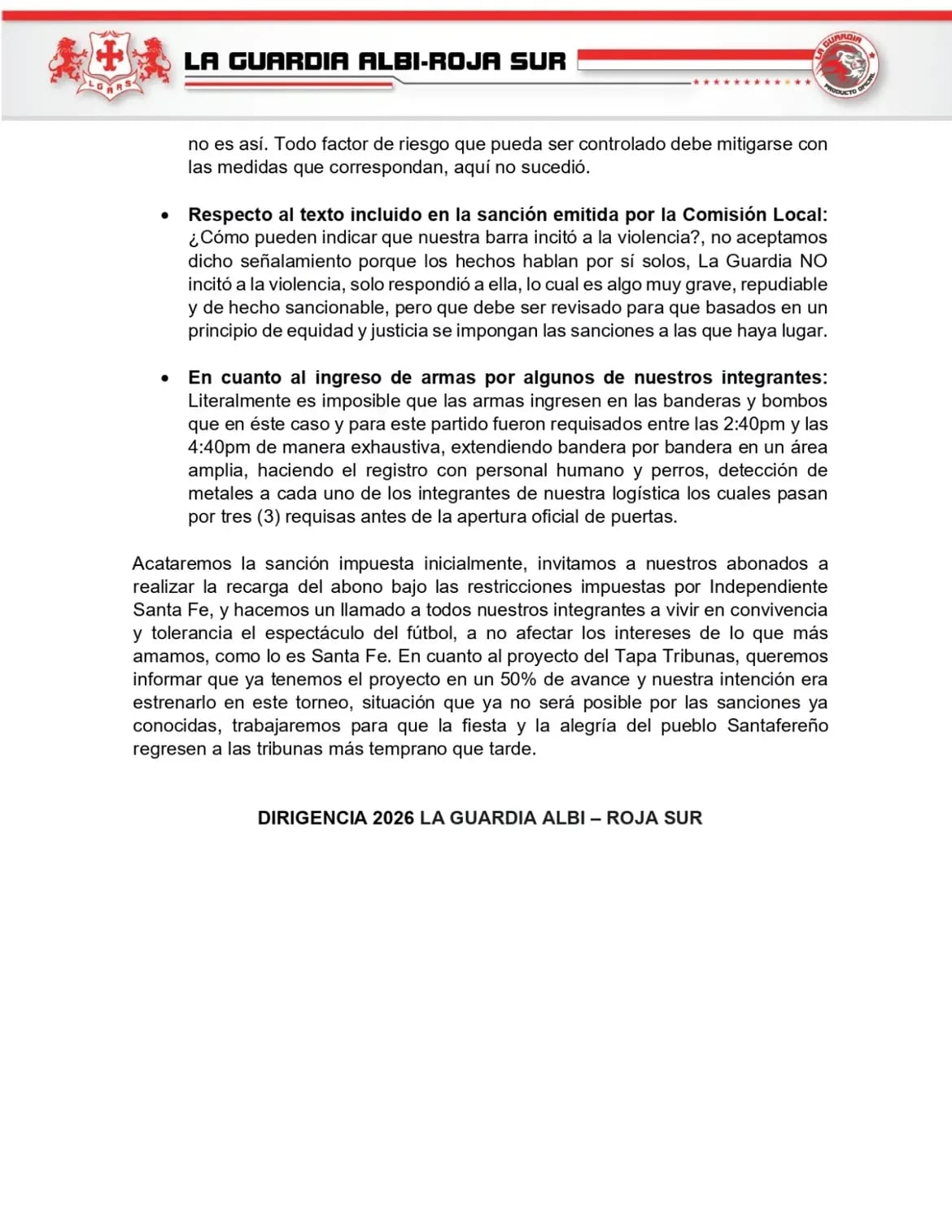 La Guardia afirmó que reaccionó para defender a hinchas ubicados en Oriental y sostuvo que su respuesta estuvo ligada a una presunta agresión contra aficionados comunes - crédito lgars_oficial / Instagram